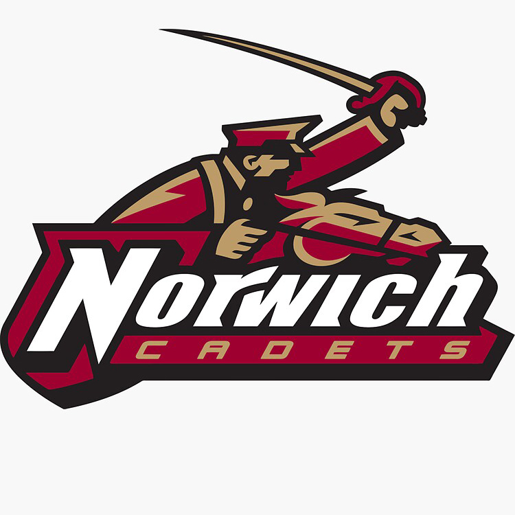 Norwich Cadets logo with a mounted rider raising a saber above the word "Norwich" and "Cadets" below on a gold background.