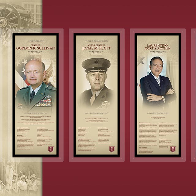 Three Norwich University military honor displays feature Gordon R. Sullivan, Jonas M. Platt, and Laurentino Cortizo Cohen.